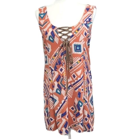 Judith March Tribal Lace up Sleeveless Mini Orange/Blue Size Small‎ - Picture 1 of 9